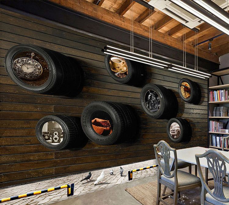 Vintage Car Tires Ktv Internet Bar Theme Wallpaper Living Room