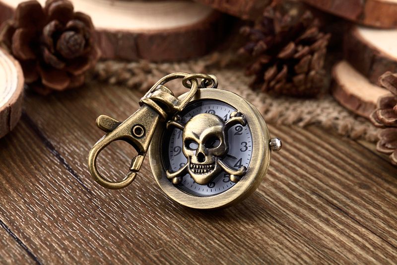 Bronze Skull Pirate Pendant Quartz Keychain Key Ring Watch Polished