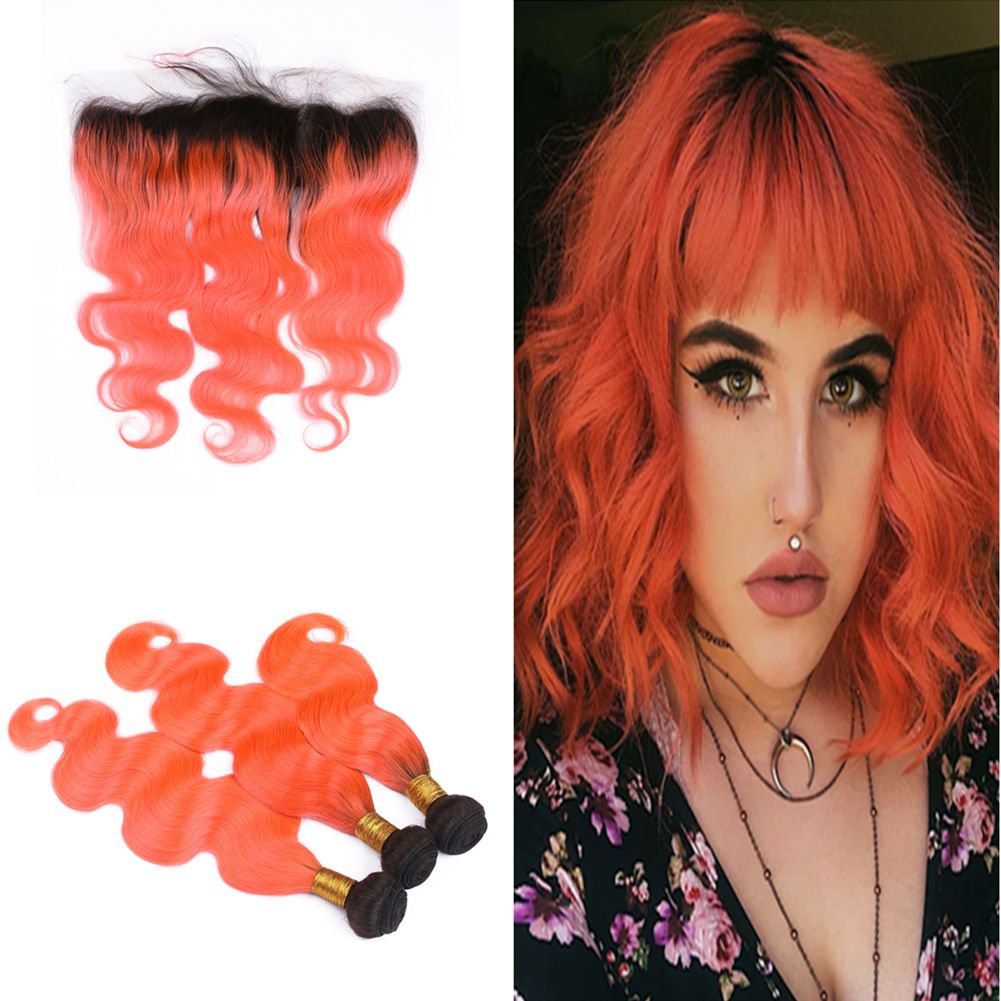 Two Tone 1b Orange 3bundles With Lace Frontal 13x4 Ombre Colored