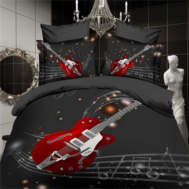 3d Fashion Music Notes Bedding Set Black Red Guitar Quilt Duvet