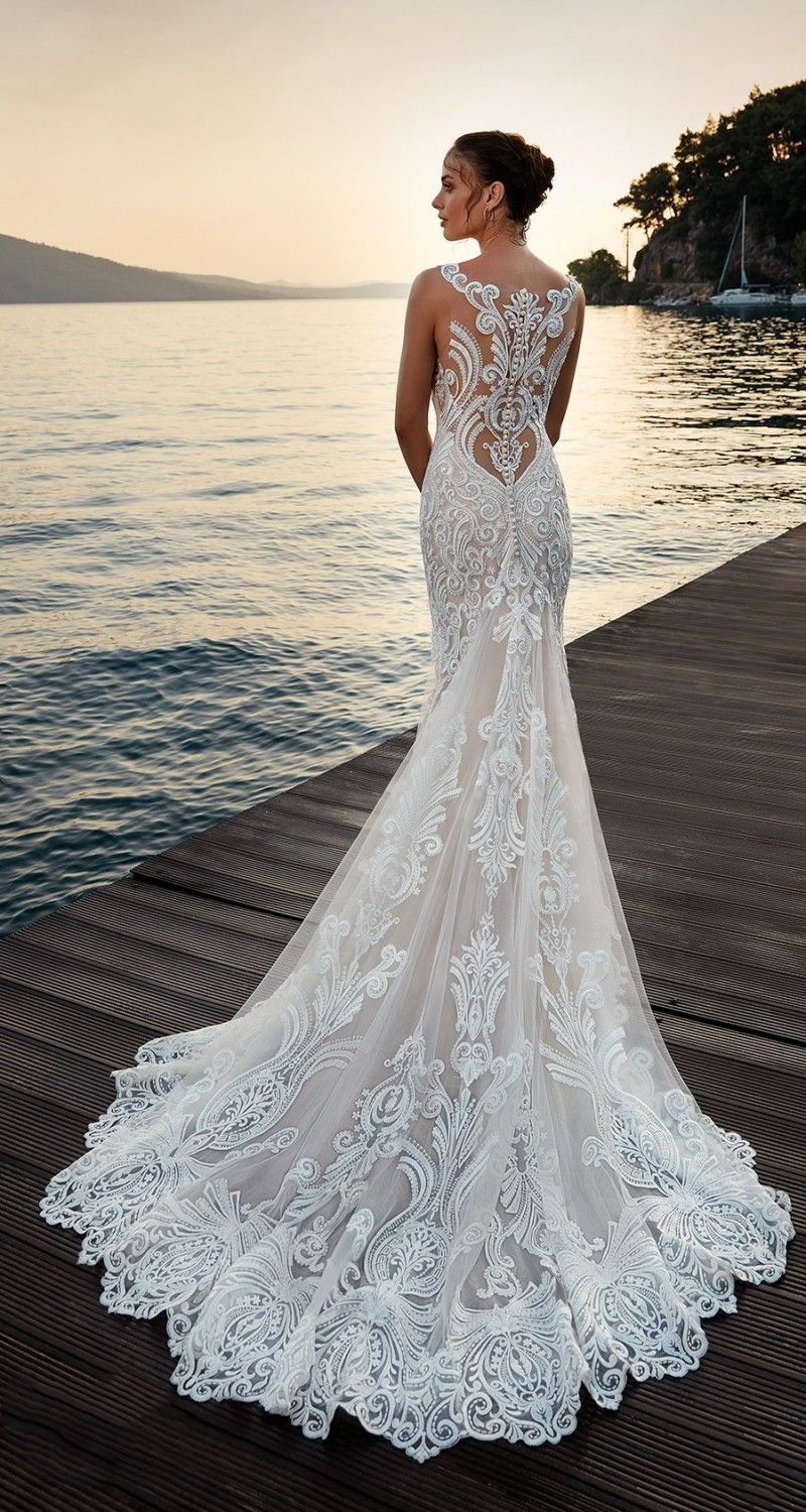 Eddy K 2020 Wedding Dresses Sheer Full Lace Appliques Bridal Gowns Button Back Sweep Train Beach Mermaid Wedding Dress Robe De Mariee From Newdeve 30 33 Dhgate Com