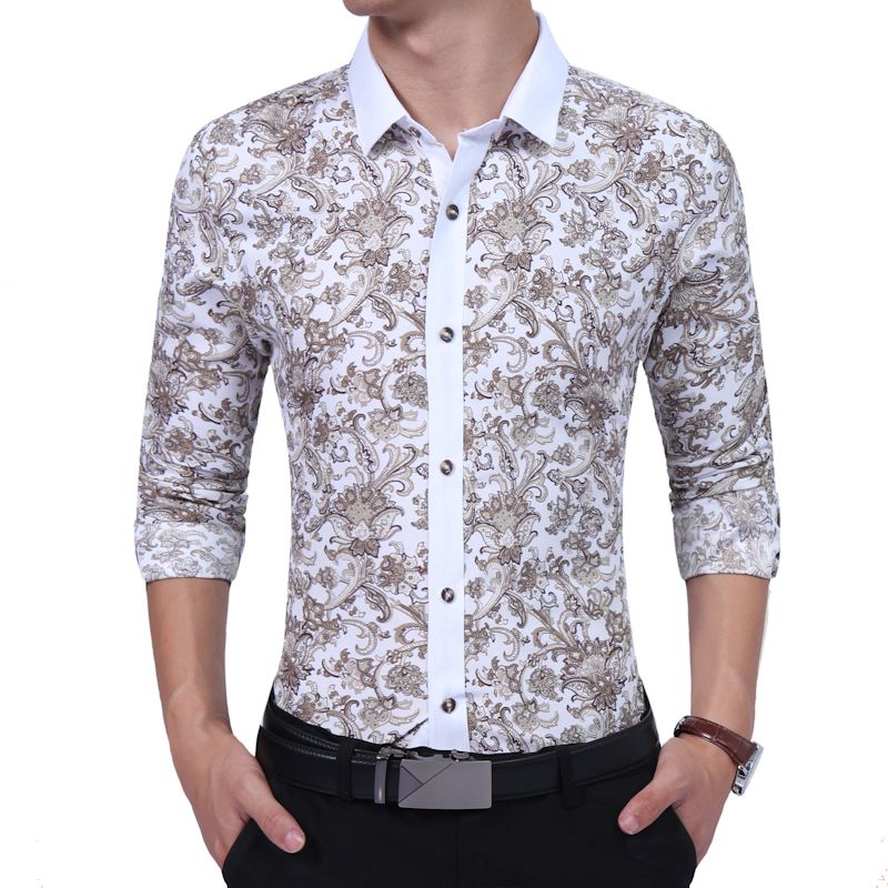 Marca 2018 moda masculina camisa manga larga de calidad floral informal juvenil para hombre
