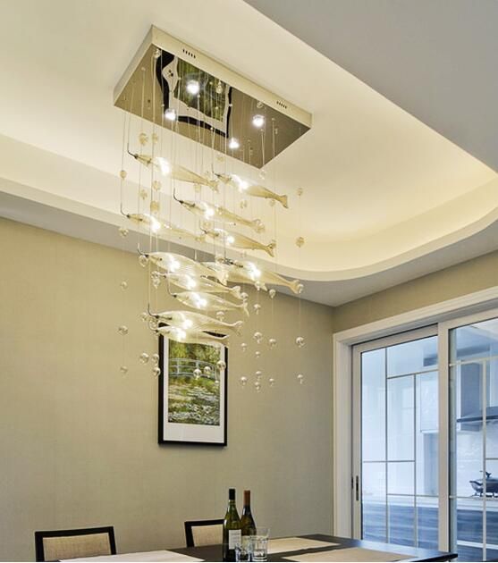 Postmodern Modern Led Glass Flying Fish Chandeliers Dining Room