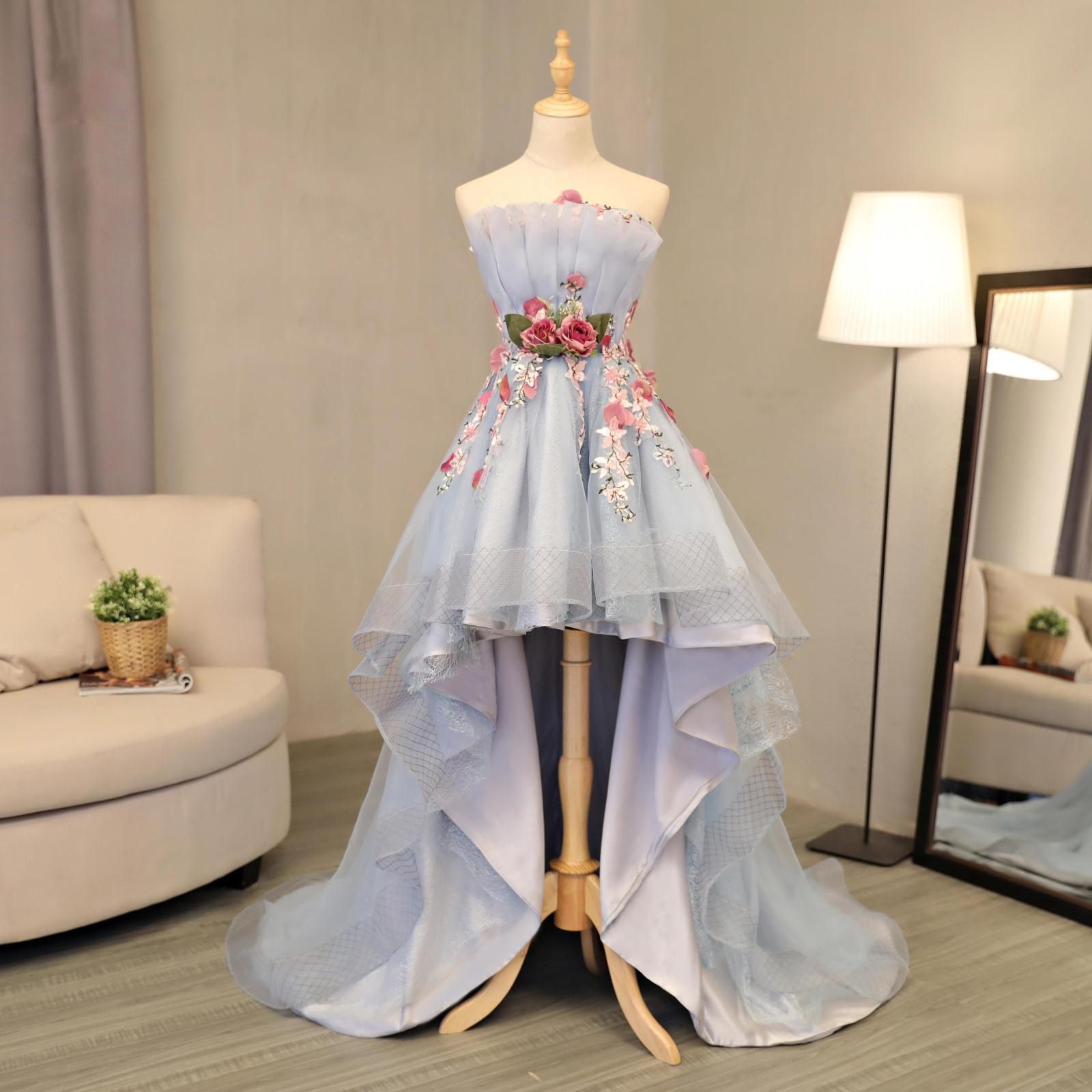 silver high low prom dress