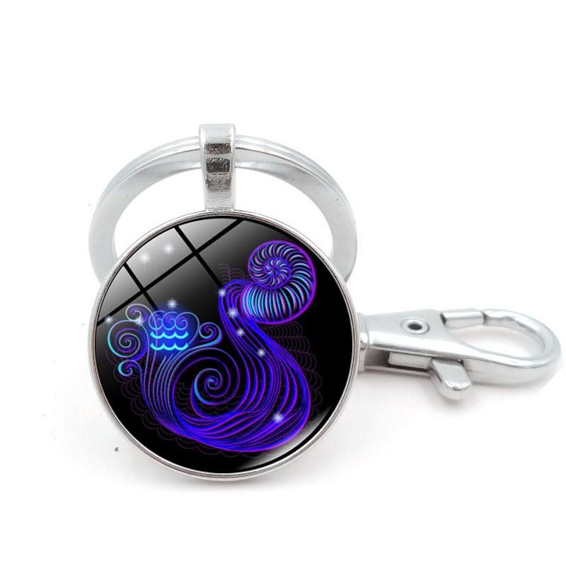 12 Constellation Zodiac Sign Key Rings Round Glass Pendant Keychain Xmas Gifts