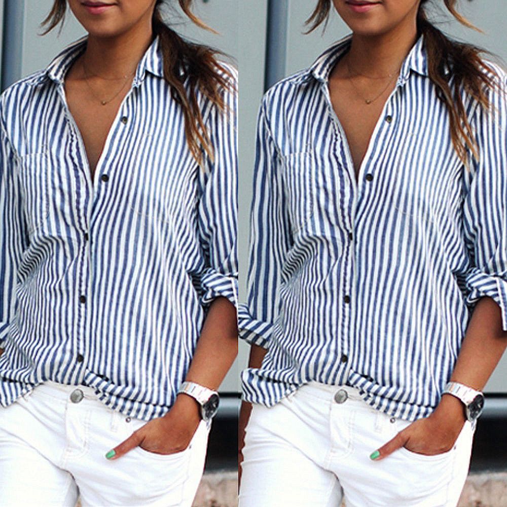 Blusa para mujer Camisas Casual rayas verticales Solapa de verano solapa cuello Suelto Europeo manga larga tamaño S-3XL Tops de moda
