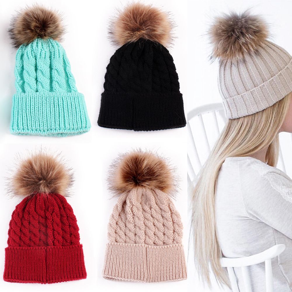 Women Knitted Skull Cap Candies Color Pompom Hat Winter Wool Cotton Hats Two Pompoms Cap