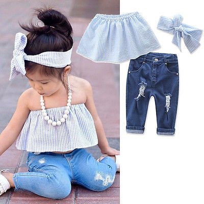 Baby Girls Kids T Shirt Top+Ripped Jeans Denim Pants Summer Outfits Clothes CO