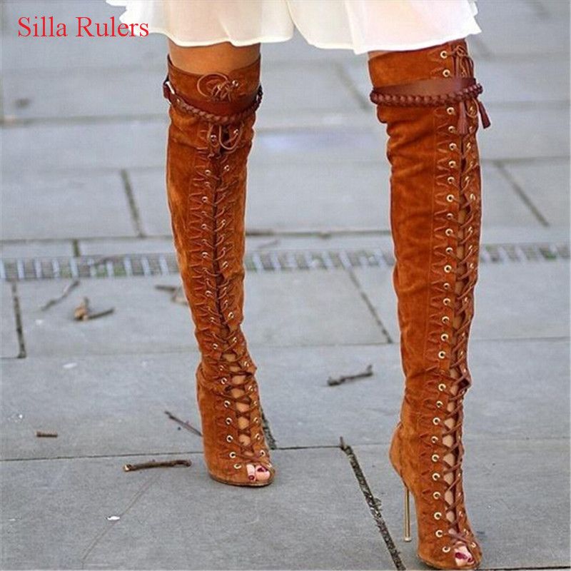 red thigh high boots open toe