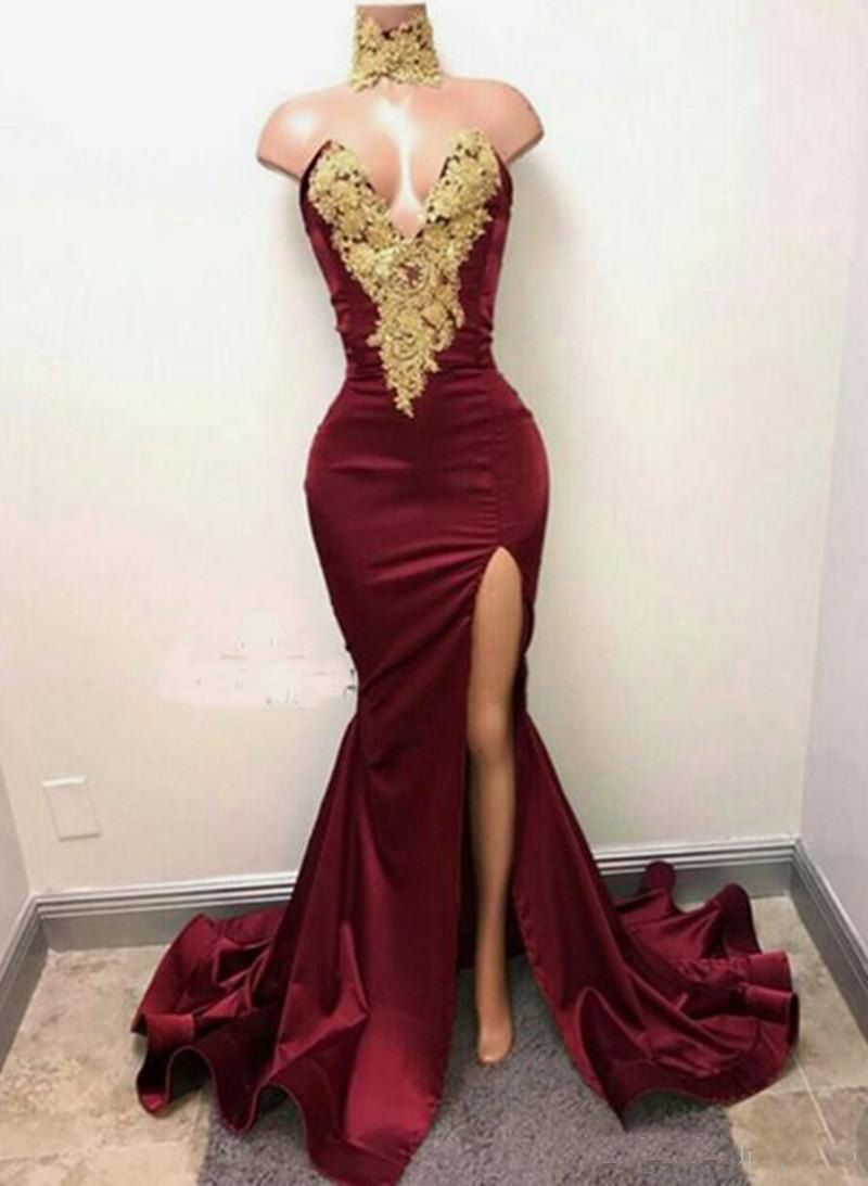 Sexy Burgundy Prom Dresses Long Side Split Sweep Train Gold Applique With Rhinestones Evening Gowns Custom Made Velvet Party Evening Wear Dave And Johnny Prom Dresses Design Your Own Prom Dress Online