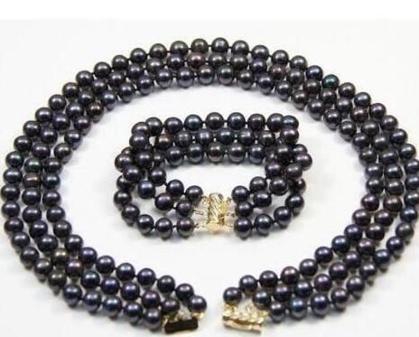 3 ROW 7-8mm naturel collier de perles de Tahiti collier de perles ensemble 14K or 18-20 pouces