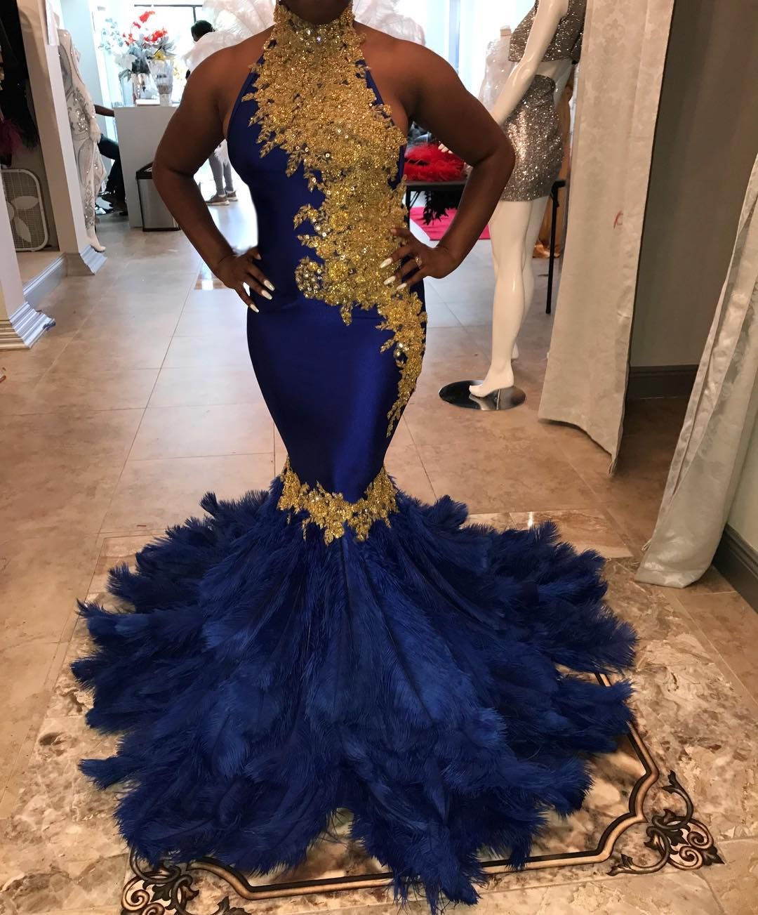 Sexy Gold Lace Mermaid Feather Prom Dresses 2020 High Neck