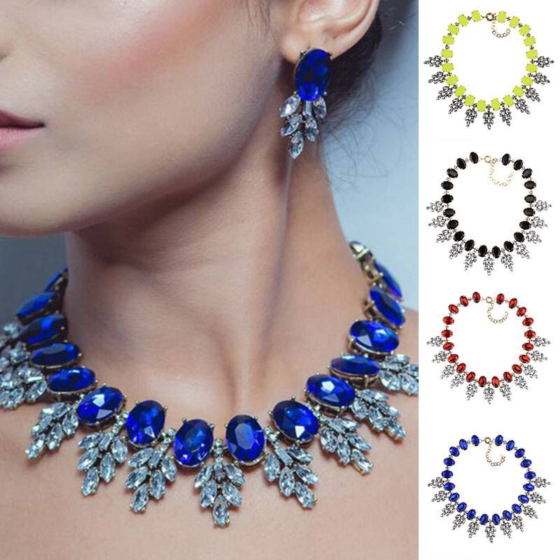 Women Fashion Jewelry Pendant Crystal Choker Chunky Statement Chain Bib Necklace
