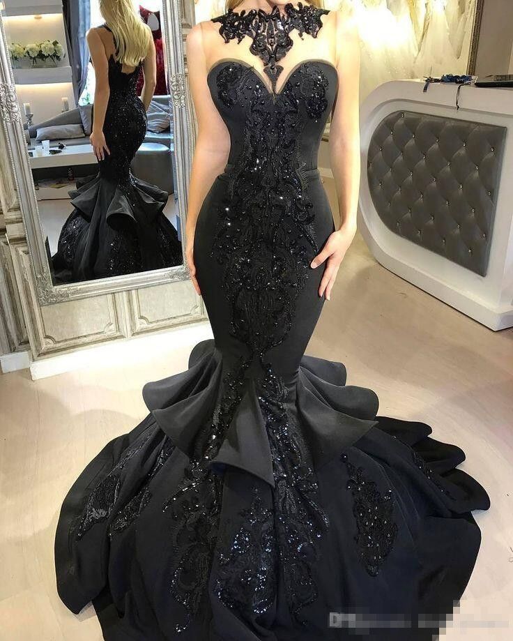 Elegante Nero Sirena Abiti Da Sera Di Lusso In Rilievo Applique In Pizzo  Gonna Con Scollo A Punta Abito Da Ballo In Raso Lungo Usura Formale Formale  Da 144,84 € | DHgate Italy