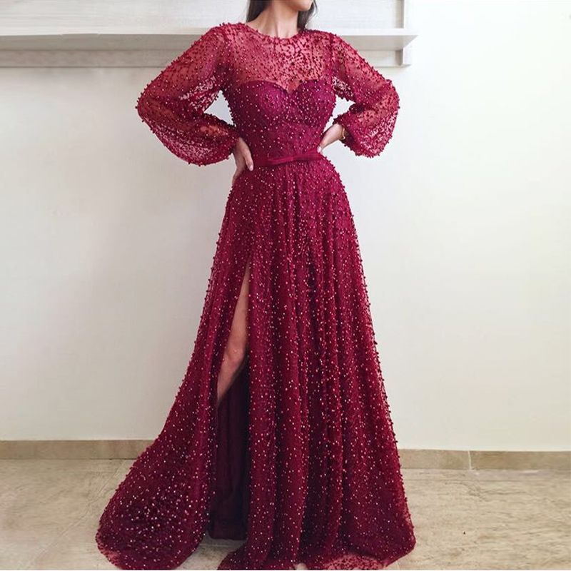 Long Prom Dresses Heavy Beaded Pearls 