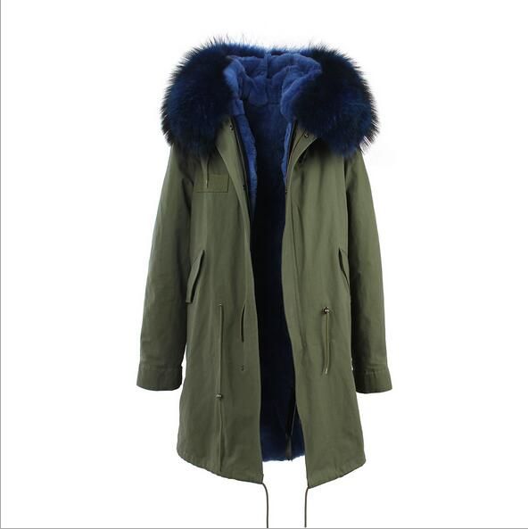 green parka with blue fur hood