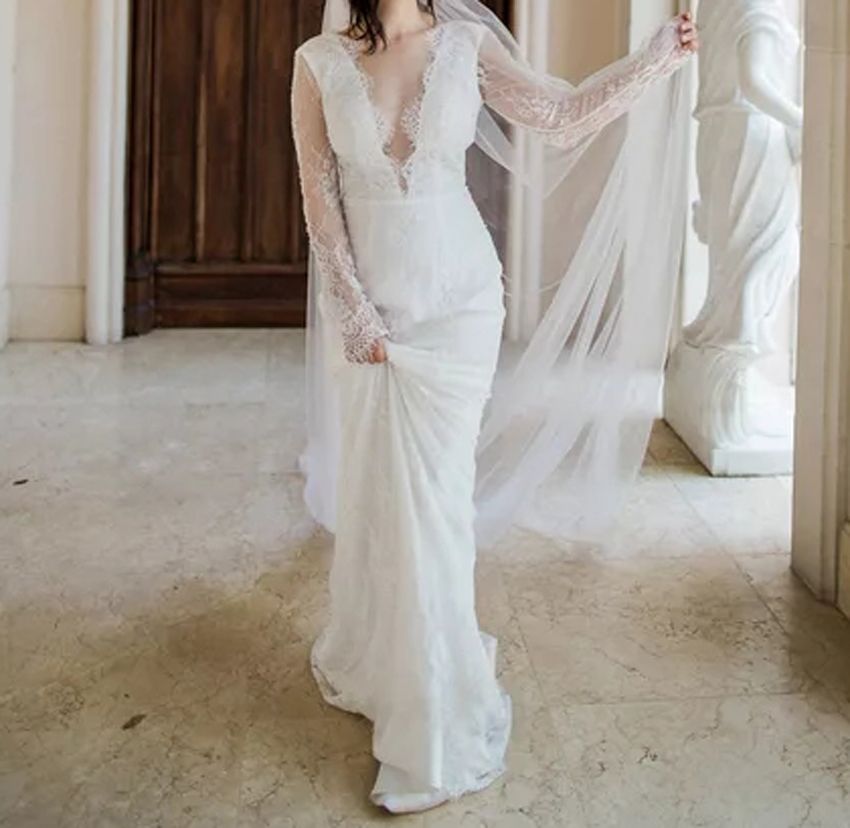 illusion sleeve plunging plus size wedding dress