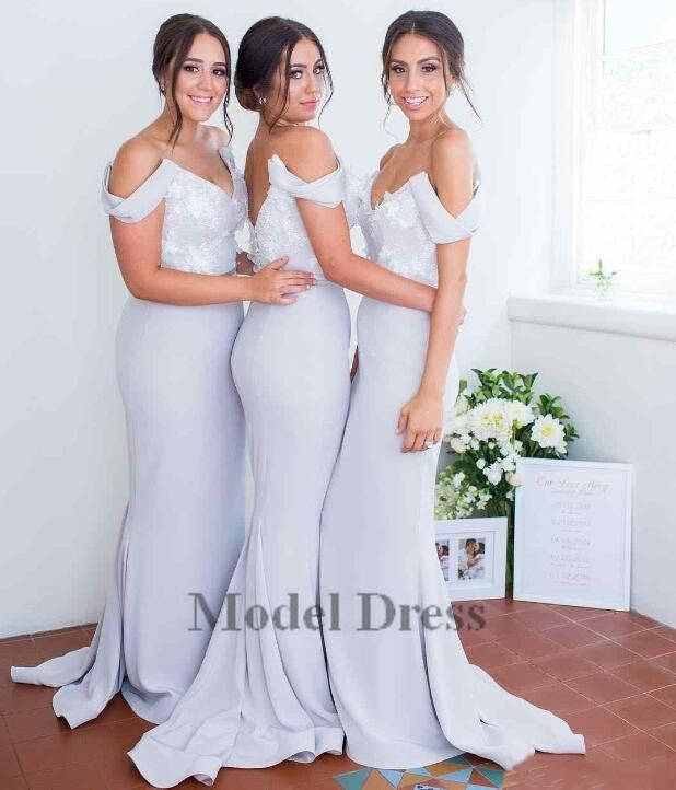 grey off the shoulder bridesmaid dress