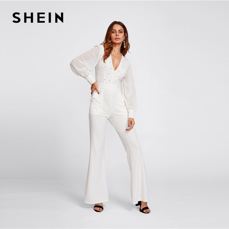 Acquistare SHEIN Deep V Neck Tuta Bianca Da Donna A Vita Alta Perla  Impreziosita Bishop Sleeve Elegante Svasata Tuta Economico | Consegna  Veloce E Qualità | It.Dhgate