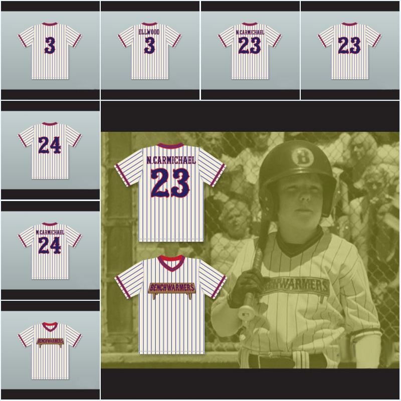 Jon Lovitz Mel Carmichael 24 Benchwarmers Pinstriped Baseball Jersey, Marcus Ellwood 3, Nelson Carmichael 23: Officially Licensed, Breathable Polyester