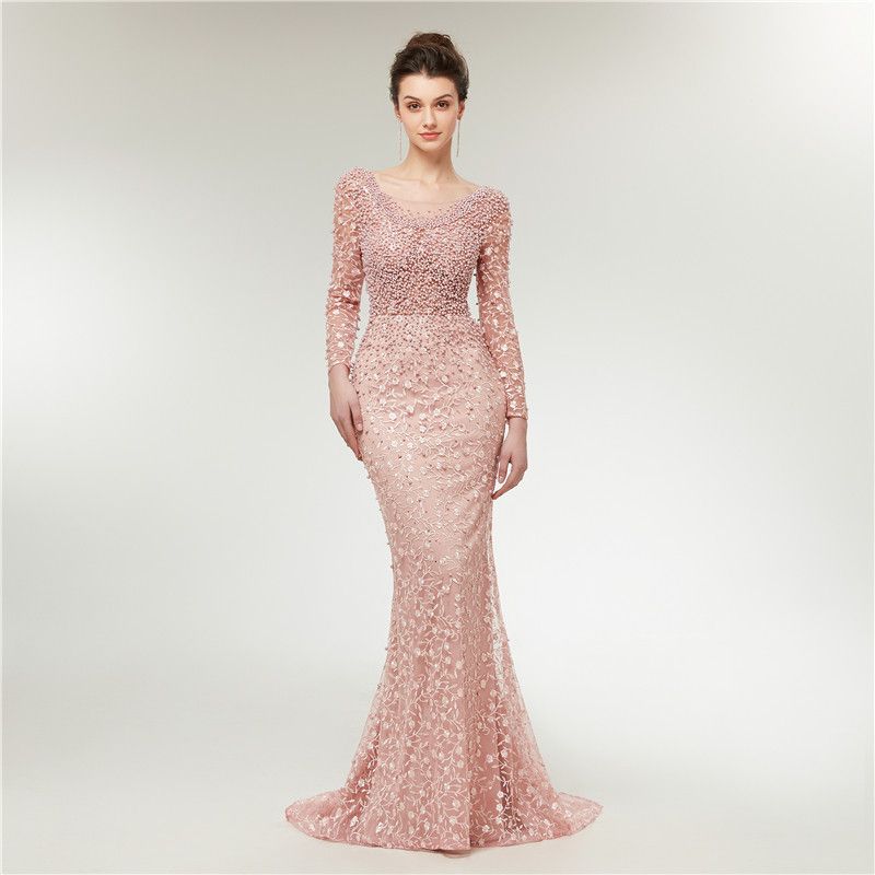 Acheter Dentelle Rose Manches Longues Robes De Soirée Femme élégante Luxe Sirène Perlée Robes De Soirée Robes De Soirée De 20101 Du Missudress