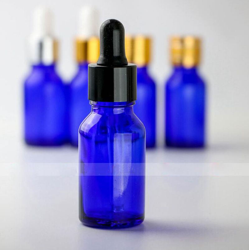 blue essential oil bottles