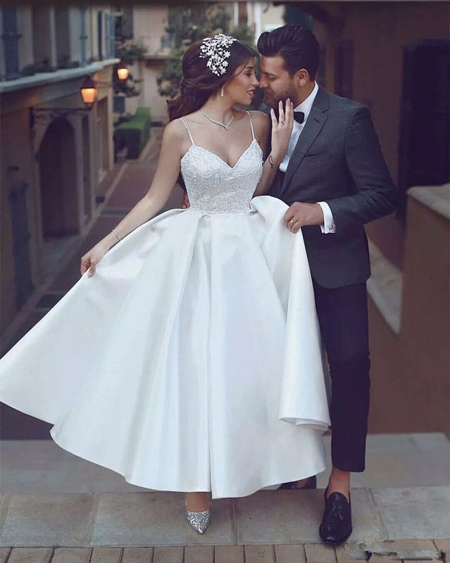 spaghetti strap satin wedding dress