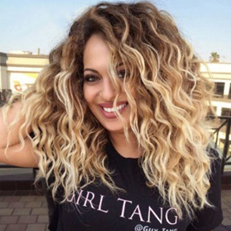 Women Long Curly Hair Ombre Color African Scrolls Wavy Wig Natural