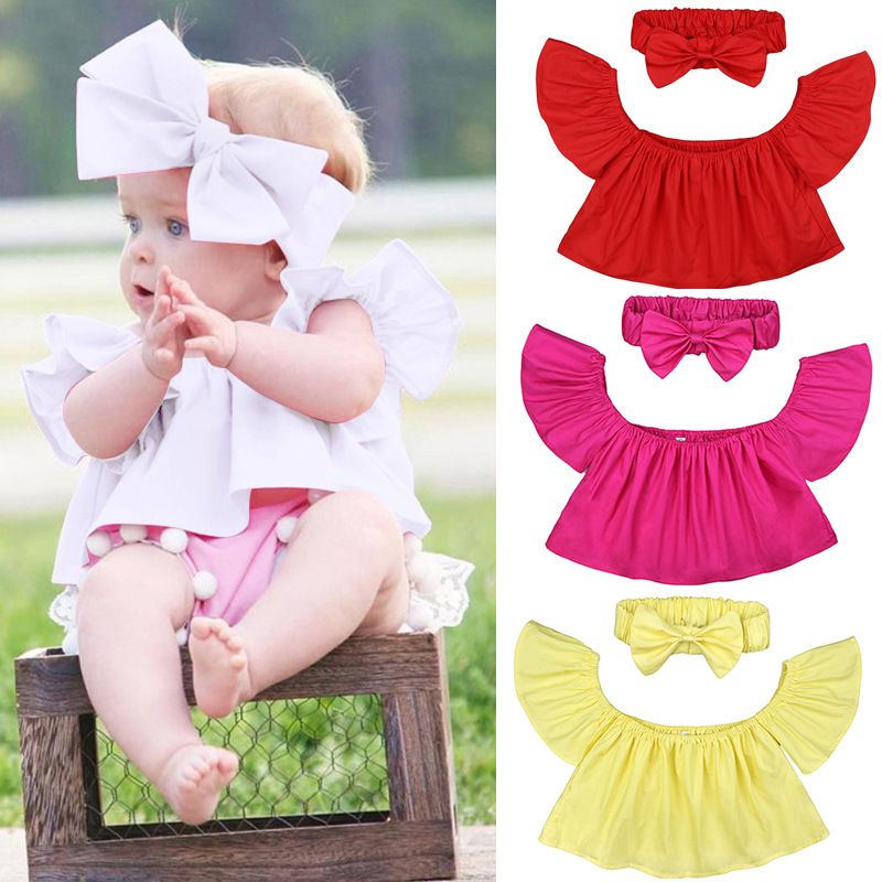 Toddler Kids Baby Girl Summer Off Shoulder Ruffle Collar T-Shirt Top Outfits Set