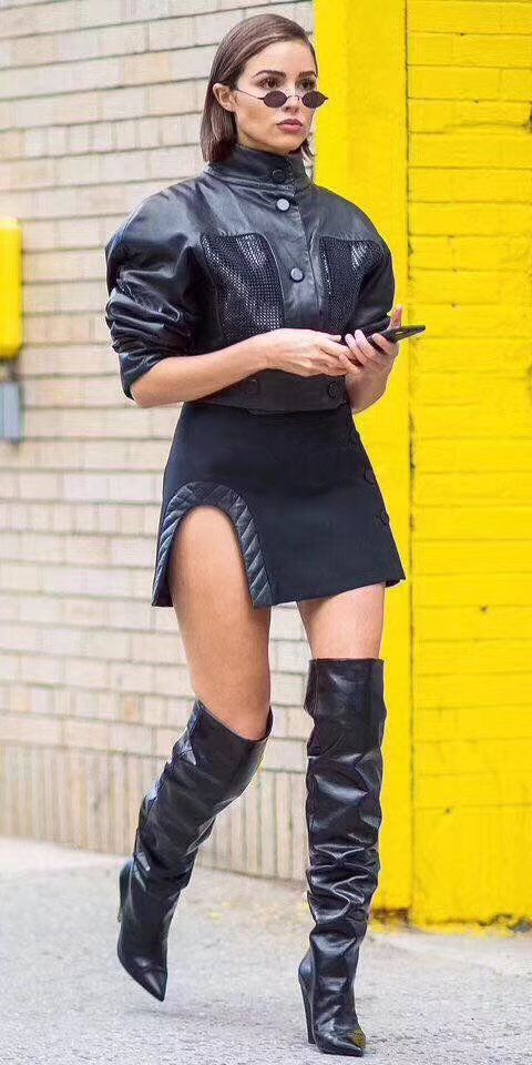 leather shorts and thigh high boots