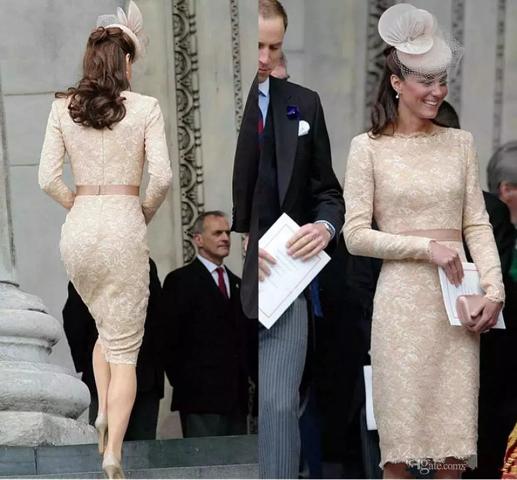 Acheter Champagne Kate Middleton Robes De Soiree Pour Les Femmes Tenue De Soiree En Dentelle Elegante Robe A Manches Longues Celebrity Cocktail Robes Longues Genou De 84 29 Du Sukywedding Dhgate Com