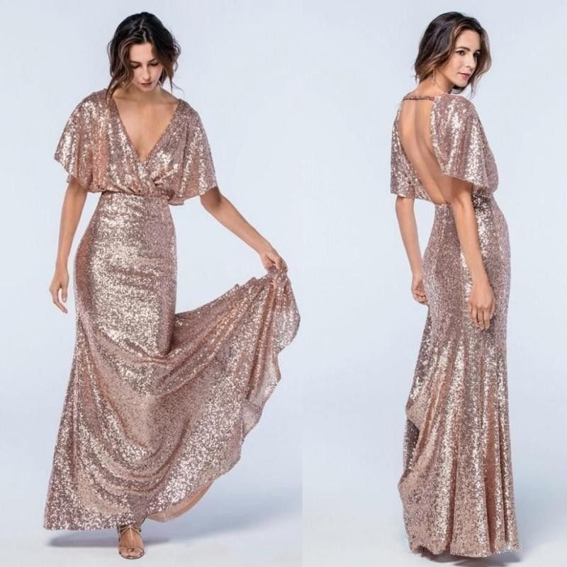 Acquistare 2018 Oro Rosa Paillettes Sirena Abiti Da Ballo Con Scollo Av  Profondo Maniche Corte Backless Abito Da Sera Abiti Da Cerimonia Abito Lungo  Damigella Donore Economici Economico | Consegna Veloce E