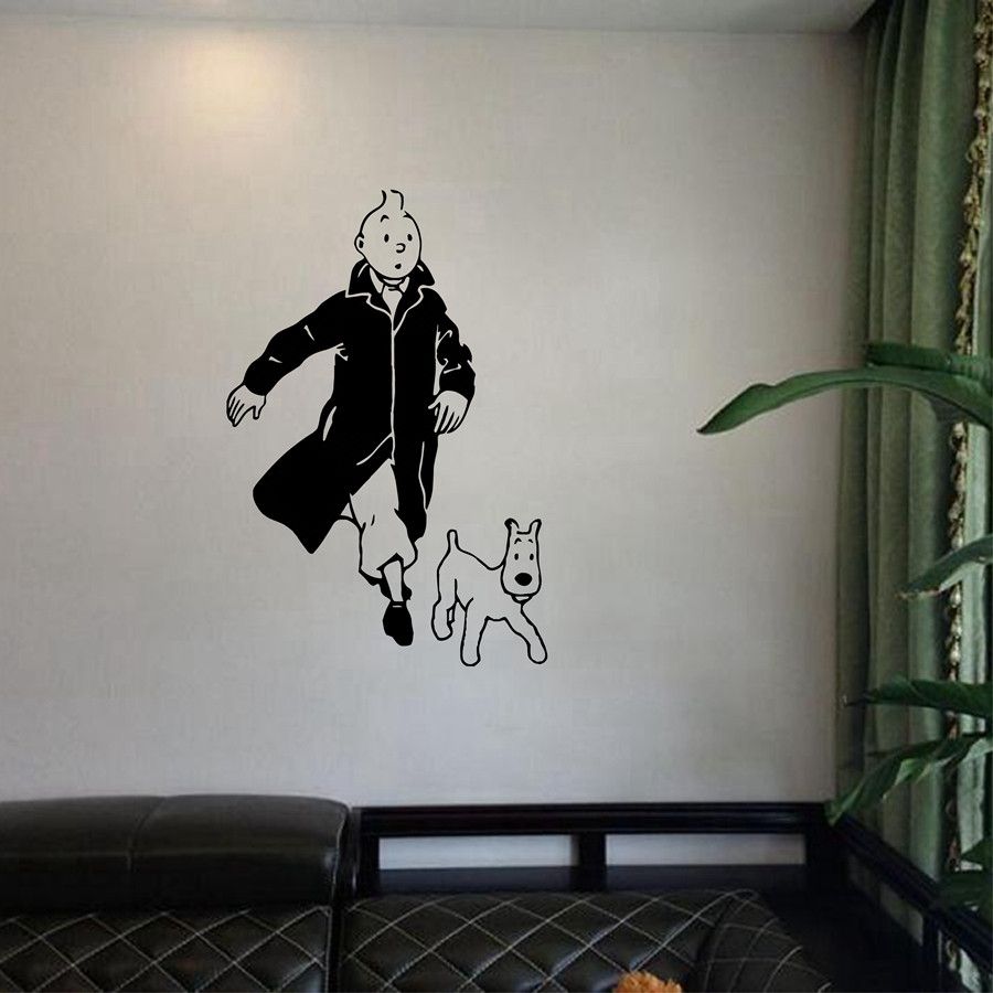 Tintin With Dog Cartoon Vinyl Wall Sticker Childrens Room Wall Art Mural Decals Tintin Vinyl Poster Wall Art Decor Wall Decals Canada Wall Decals - 