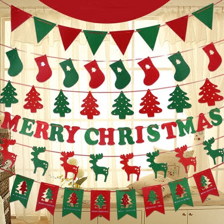 Diy Non Woven Fabric Xmas Flags Santa Clause Floral Bunting