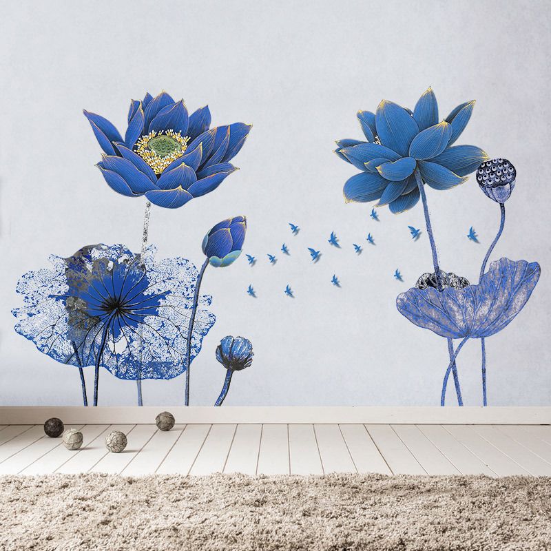 Acheter Affiche Vintage Bleu Lotus Fleur 3d Papier Peint Stickers Muraux Style Chinois Bricolage Creative Salon Chambre Décor à La Maison Art De