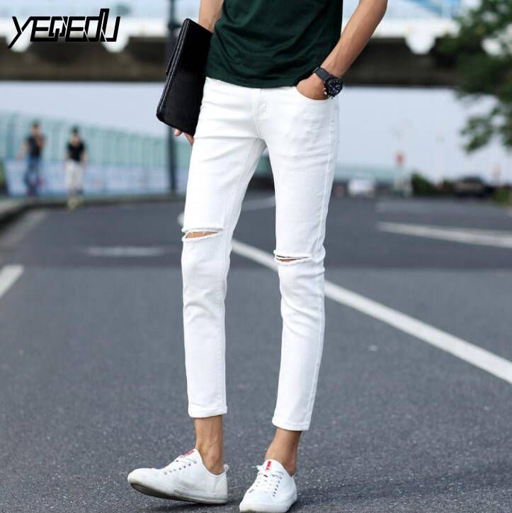 1403 jeans hombres verano 2018 casual blanco / negro jeans rotos hombres high tobillo longitud