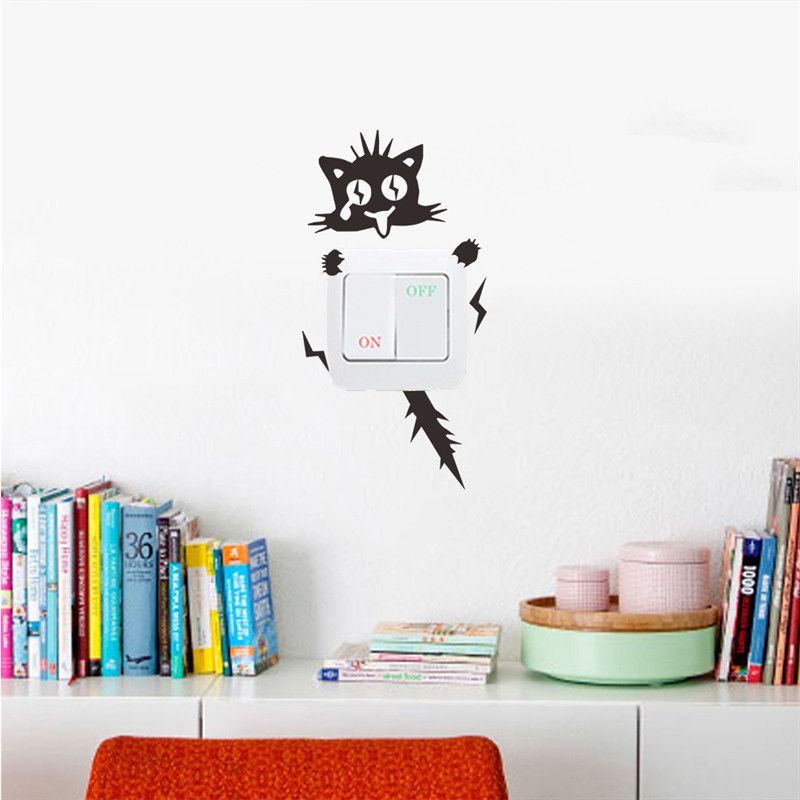 Funny Electric Shock Cat Wall Sticker Switch Kitchen Cabinet Car