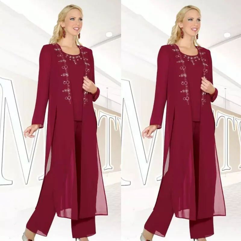 Long Sleeve Beaded Formal Pant Suits 