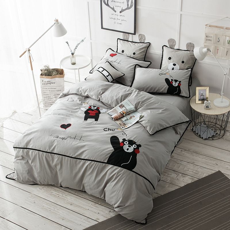 Cartoon Bear Bedding Sets Set 100 Polyester Grey Color Printed