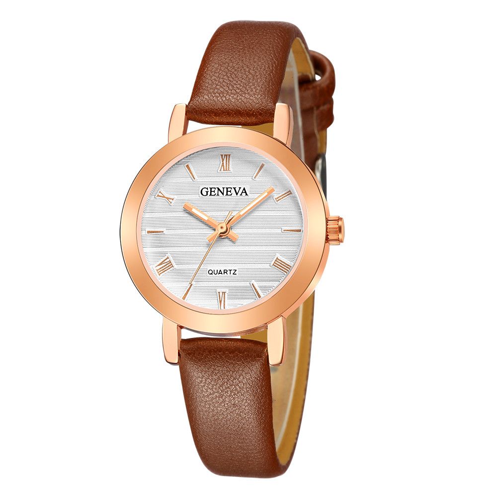 new fashion geneva women leather band stainless steel quartz analog wrist watch