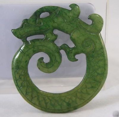 CHINESE OLD HANDWORK GREEN JADE CARVED DRAGON PENDANT AAA 