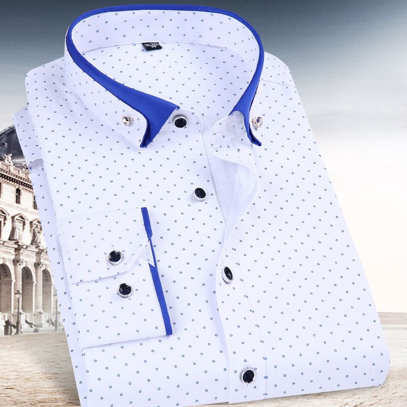 white dress shirt with blue dots