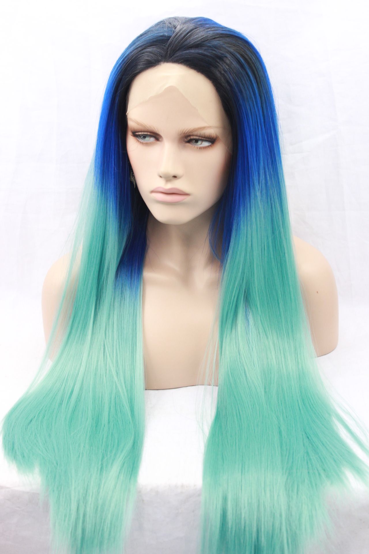 Black Blue Green Ombre Hair Long Straight Heat Resistant Fiber
