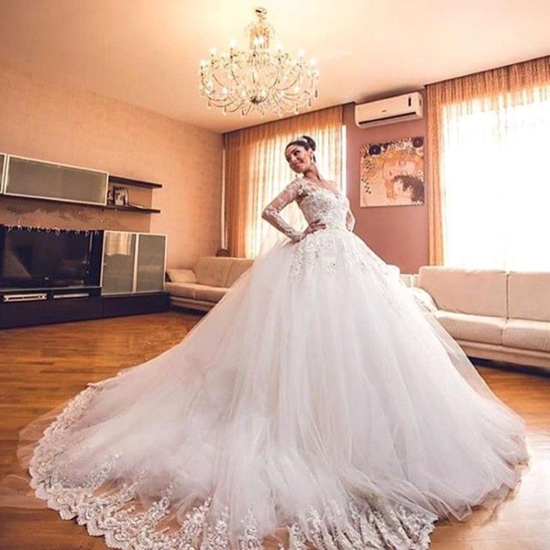 Joya cuello encaje apliquen mangas largas vestido de bola vestidos de novia rosa clará vestidos de Joya cuello encaje apliquen mangas largas vestido de bola vestidos de novia rosa clará vestidos de