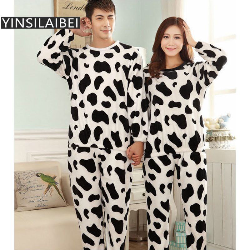 Animal Print Warm pijamas conjuntos para parejas gruesas larga pijamas para hombres /
