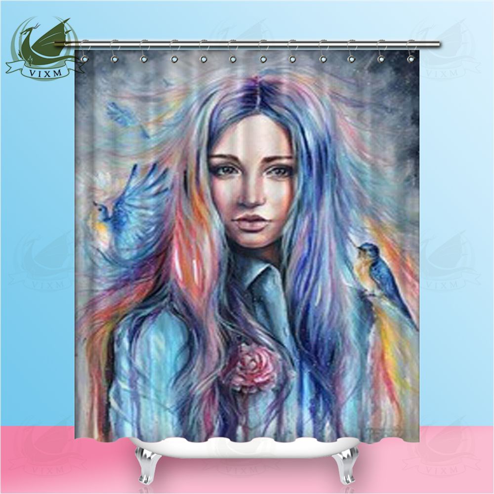 Acheter Vixm Colore Peinture Oiseau Femme Portrait Sur Fond Nuageux Rideaux De Douche Polyester Tissu Rideaux Pour La Decoration Interieure De 14 43 Du Bestory Dhgate Com