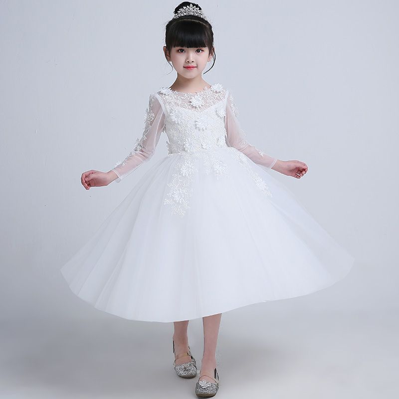 Full Sleeve Brand White Tulle Lovely Girls Dresses With Lace Appliques ...