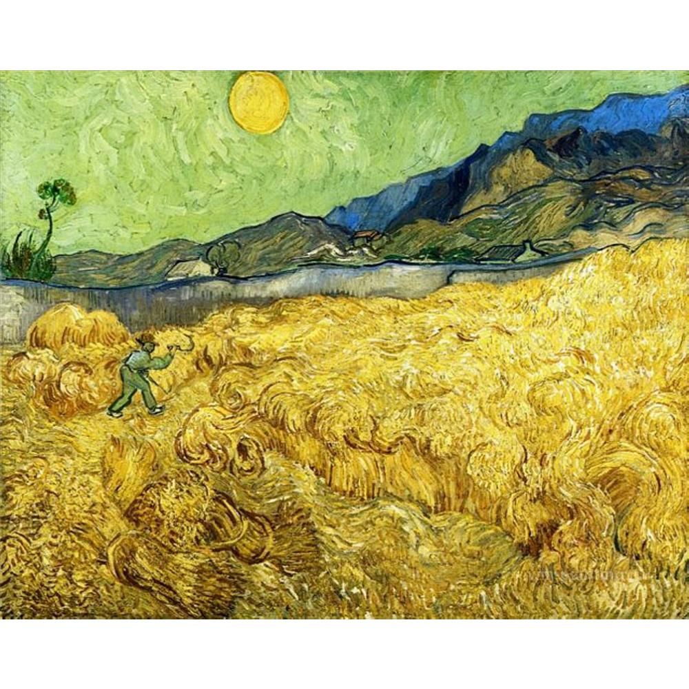 2020 Handmade Art Oil Painting Wheat Field With Reaper And Sun