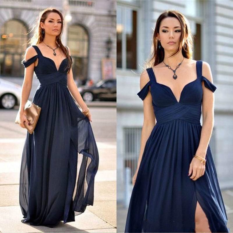 Dividir a moda marino azul gasa 2018 vestidos de dama de honor fuera del