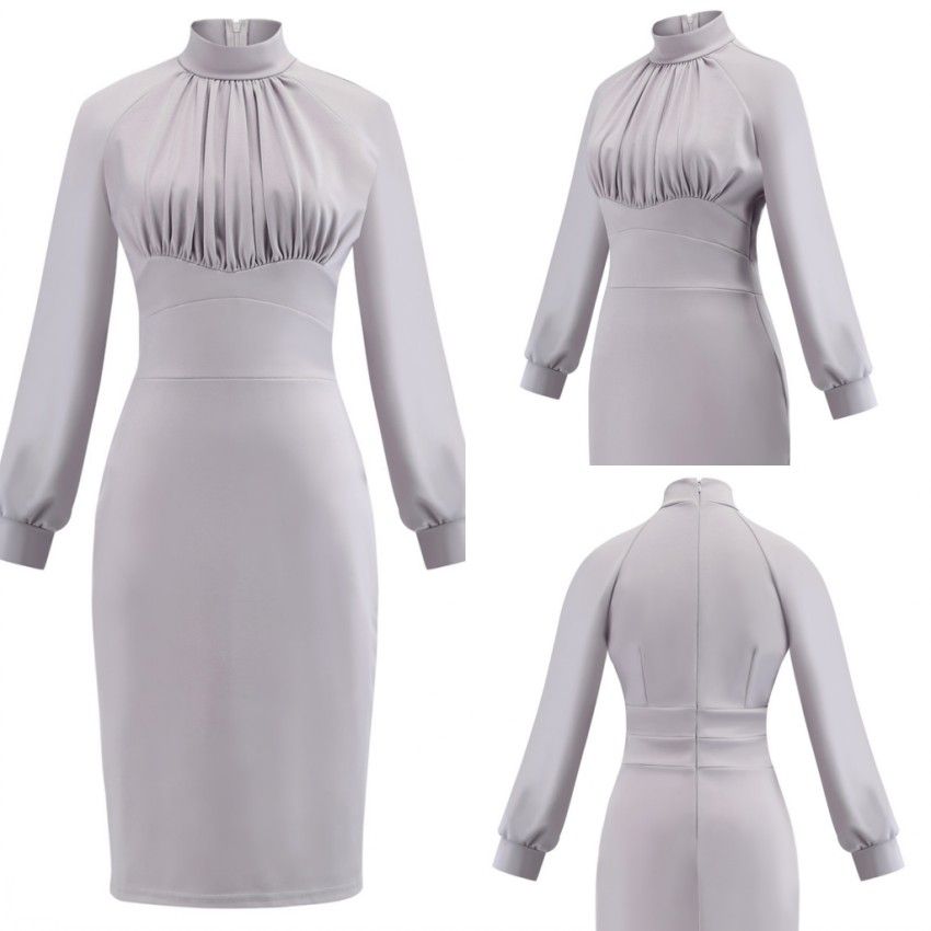 Compre Bainha Cinza Do Vintage Mulheres Vestidos De Trabalho Vestidos De Festa Retro Mangas Compridas Gola Alta Plissados Na Altura Do Joelho Mulheres Vestido De Festa FS6144 De Springwedding, $109,36 | Pt.Dhgate.Com
